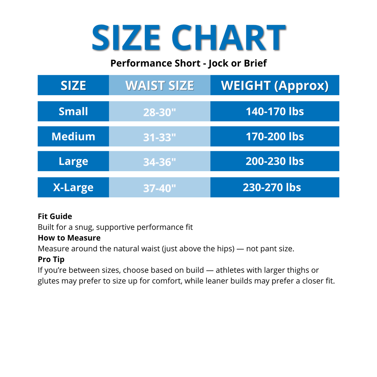 Performance Short Jock Size Chart