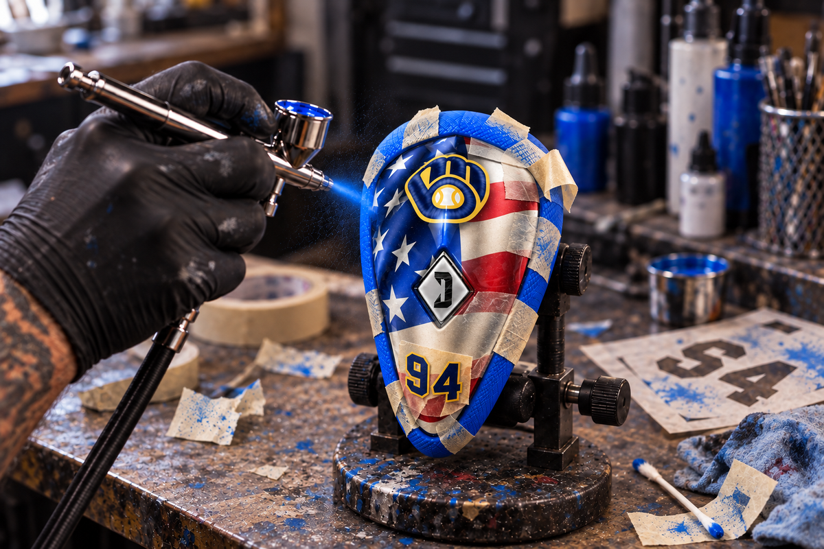 Custom Diamond MMA athletic cup being hand-painted